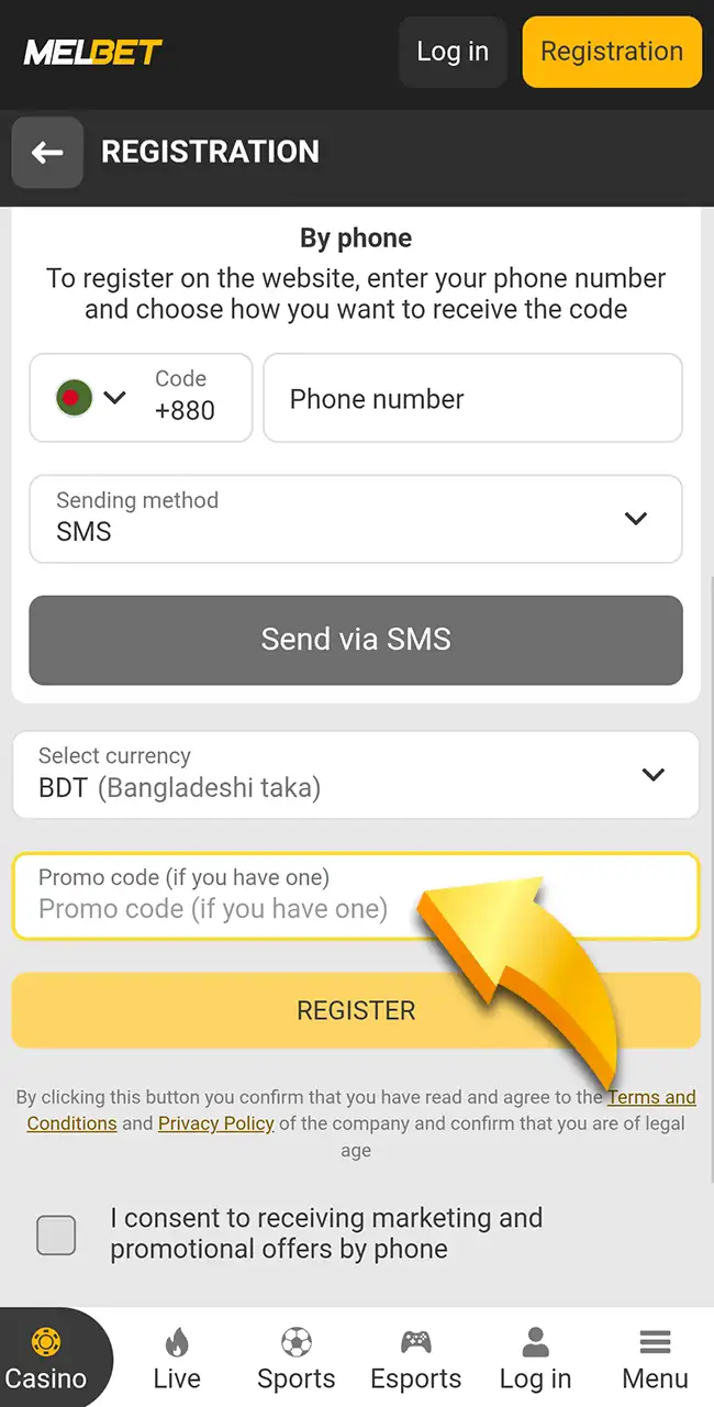 Enter activation letters on the official Melbet website.