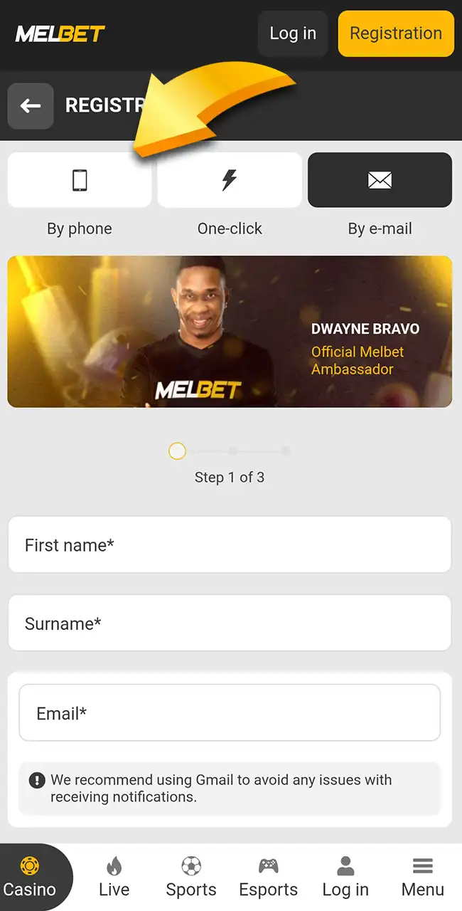 Pick your method on the official Melbet website.